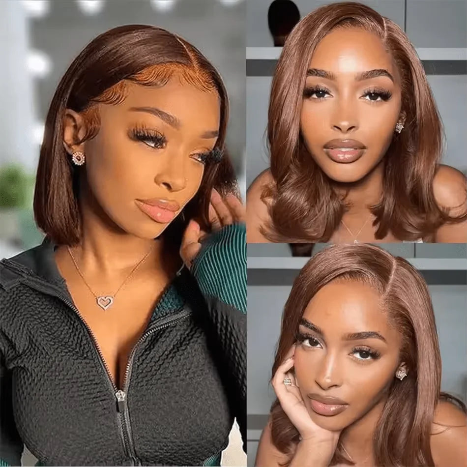 13x4 Lace Front Short Bob Wigs Straight Light Brown Chocolate Color Swiss Lace Frontal Wigs For Woman Reddish Brown Human Hair