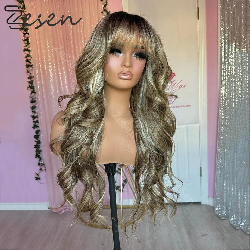 Ombre Blonde Highlights Long Wavy Wig Syntheic Blend Human Hair Lace Front Wig Brown Roots Heat Friendly Fibre Lady Girls Wig